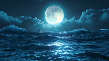 A 3D rendered artwork featuring a fantasy full moon background with an ocean wave at night.