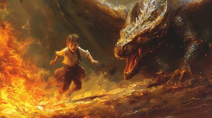 Digital artwork of a fantasy scene featuring a small boy fleeing from a flaming dragon, image painting