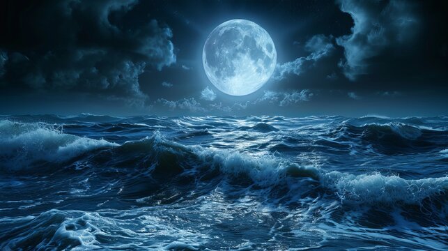 A 3D rendered artwork featuring a fantasy full moon background with an ocean wave at night.