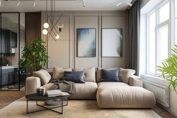 Modern living room interior with sofa and armchairs