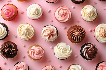 top view set of cupcakes isolated on colored background