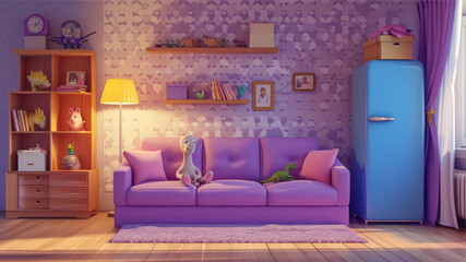 Interior of the living room with a purple sofa. 3D illustration