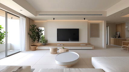Interior of a modern living room with a TV and a sofa