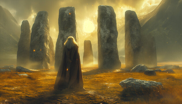 Epic Celtic Ritual: Elderly Woman Among Megaliths