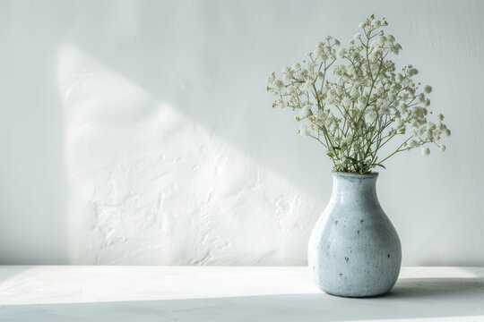 Vase with gypsophila flowers on white wall background.