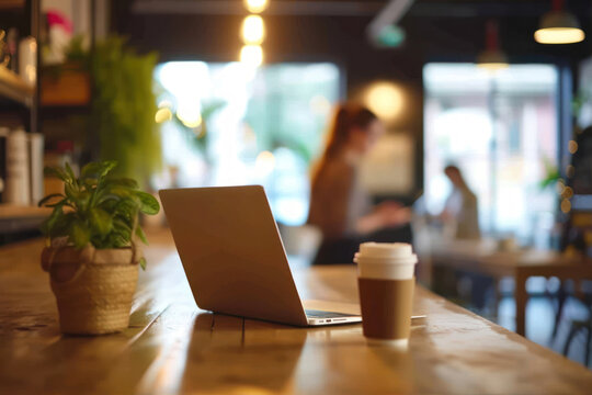 Laptop and coffee cup on wooden table in coffee shop. Blurred background