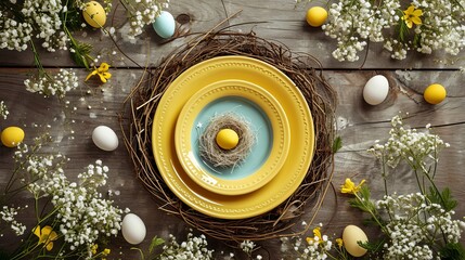 From above, an Easter dinner table is set up with yellow ceramic plates next to an egg nest surrounded by baby breath leaves.