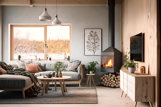 Living room of a scandinavian style home with fireplace 