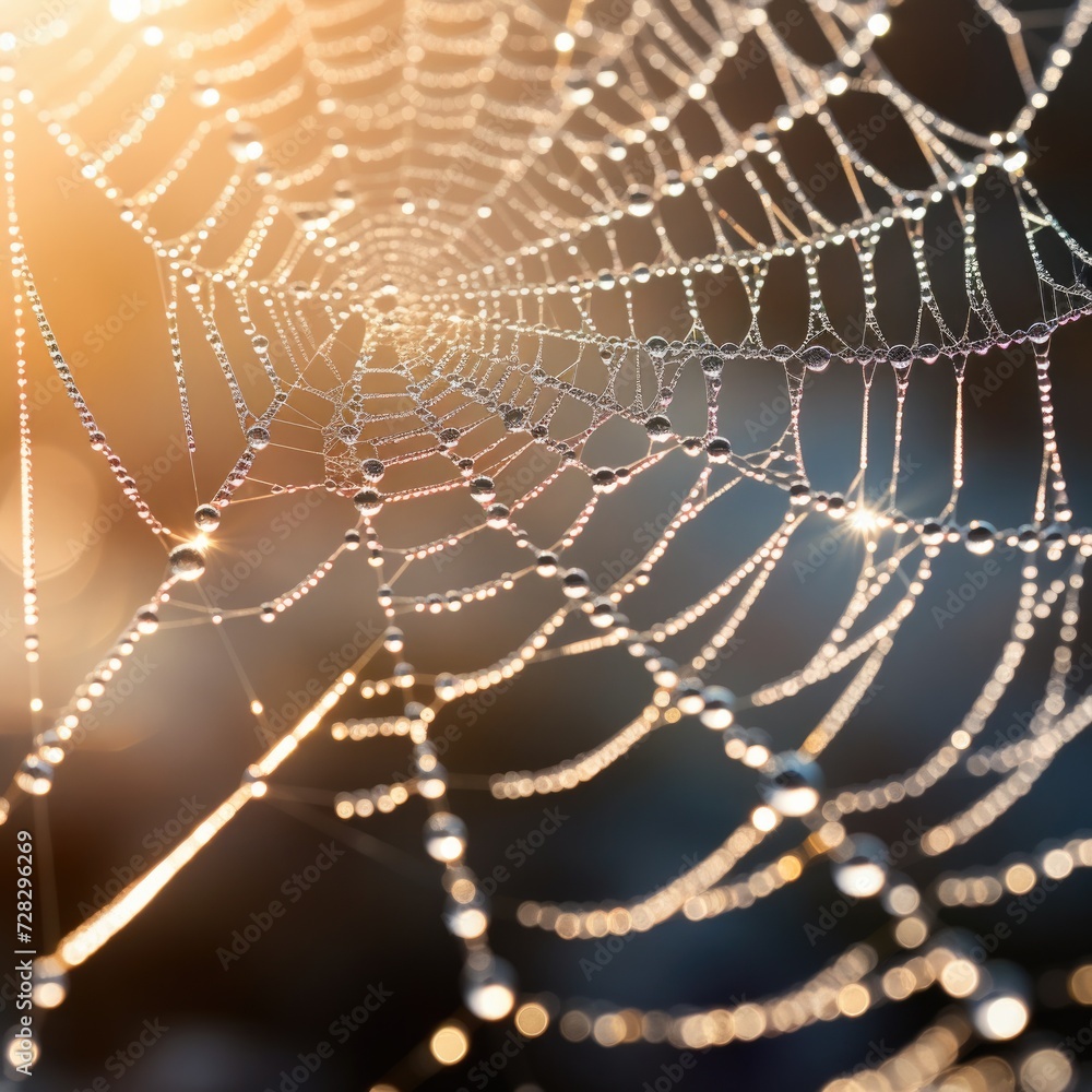 Poster a spider web with dew drops on it. generative ai.