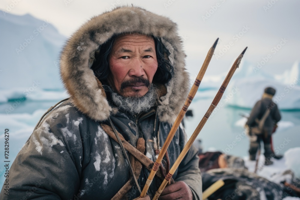 Poster a man with a bow and arrow standing in the snow. generative ai.