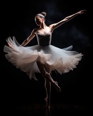 A ballerina in a white dress is dancing. Generative AI.
