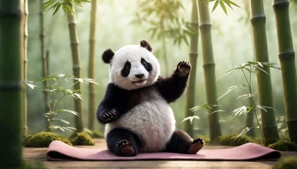 Foto op Plexiglas Panda mastering yoga skills in the tranquil setting of a bamboo forest © CreativeStock