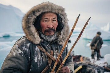 A man with a bow and arrow standing in the snow. Generative AI.