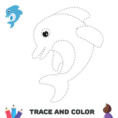 Trace dolphin. Coloring educational worksheet for kids. Activity page.