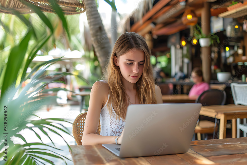 Wall mural young man looking at laptop in outdoor cafe at summer resort