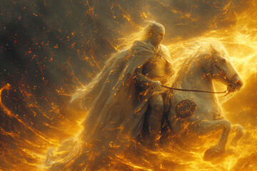 Fototapeta premium Celestial Warrior: Divine Rider on a White Horse Amidst Blazing Flames