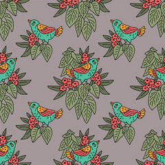 Seamless pattern with hand drawn cute birds and flowers motifs. Retro style floral wallpaper