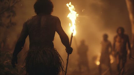 Early humans discover the possibility of using and taming fire - obrazy, fototapety, plakaty