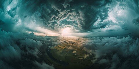 Dramatic sky with sunrays piercing through clouds over landscape. moody nature scenery for creative projects. high-quality stock image. AI - obrazy, fototapety, plakaty