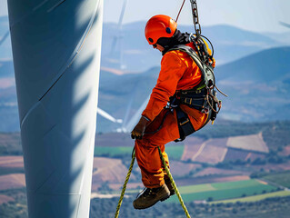 Inspection engineer preparing to rappel down a rotor blade of a wind turbine on a clear day. Workers on a hanging platform repair damaged rotor blades of a wind turbine.