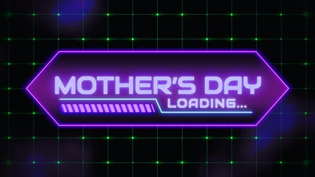 Sleek Mother's Day Loading neon sign in purple and blue, with futuristic font and neon glow, against a dark background for a modern and innovative look