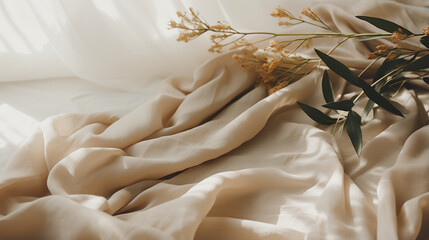 Beautiful wedding bouquet of flowers on the bed in the morning