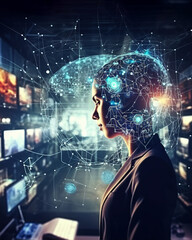 Fototapeta premium The concept of artificial intelligence with a brain on a blue background