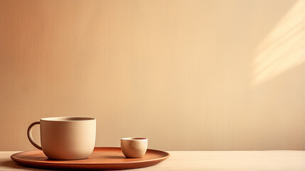 Coffee cup on wooden table and beige wall background.