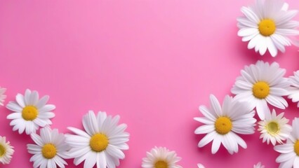 Fototapeta premium Flowers composition white chamomile on pink background. Flat lay, top view, copy space
