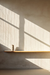 Wooden shelf with coffee cup on concrete wall, sunlight and shadows