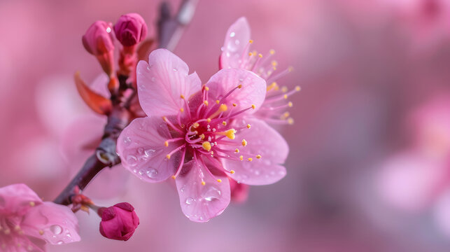 Spring Cherry Blossom Macro with Dew Drops Photography