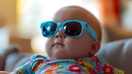 Baby Wearing Blue Sunglasses and Floral Outfit
