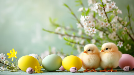 Easter Chicks and Colorful Eggs Springtime Scene