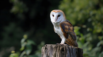 Barn Owl Perched on Tree Stump