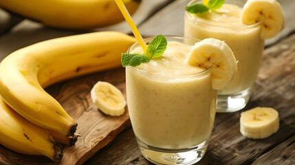 Naklejka premium Banana Smoothies with Fresh Bananas and Mint Garnish