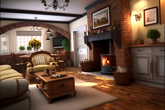 Modern and scandinavian stlye living room with kitchen  where the fire is flickering in the fireplace, brick walls 