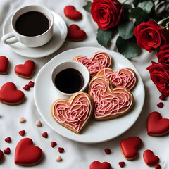 Heart-shaped cookies with red cream in a white plate and a coffee cup, red roses, red hearts