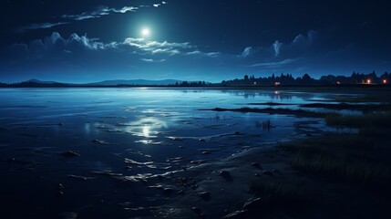 Full moon reflecting in night sky over water, astrophotography moon reflection in water