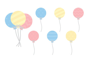 Set of cute pastel pink, blue and yellow patterned round balloons illustration. Baby and kids party decoration.