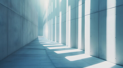 Modern Architectural Corridor with Sunlight Casting Shadows on Blue Walls