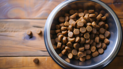 Dog Food in a Stainless Steel Bowl on Wooden Background