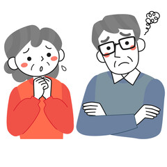 困っている表情のシニア夫婦の上半身
