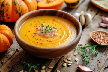 Front view of a pumpkin soup surrounded by ingredients on a rustic wooden table 