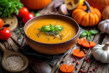 Front view of a pumpkin soup surrounded by ingredients on a rustic wooden table 