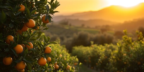 Sunset over lush orange orchard, warm light bathing trees. tranquil rural landscape captured in golden hour. nature's bounty amidst rolling hills. AI
