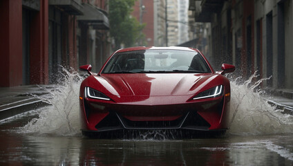 Red sports car crossing a puddle in the city. Front view.