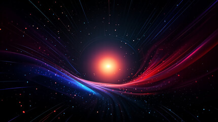 Rays or lines with glowing particles fly out of black hole. Abst