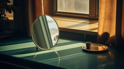Round mirror on the bedside table next to the window in the morning