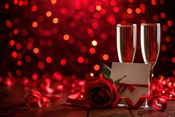 Fototapeta na wymiar Front view of two champagne flutes with a red rose, a greeting card with copy space 