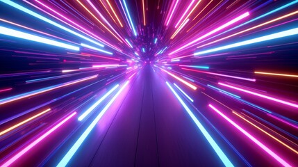 
3D render of an abstract, vibrant neon background featuring ultra violet rays, glowing lines, and the illusion of speed of light - obrazy, fototapety, plakaty